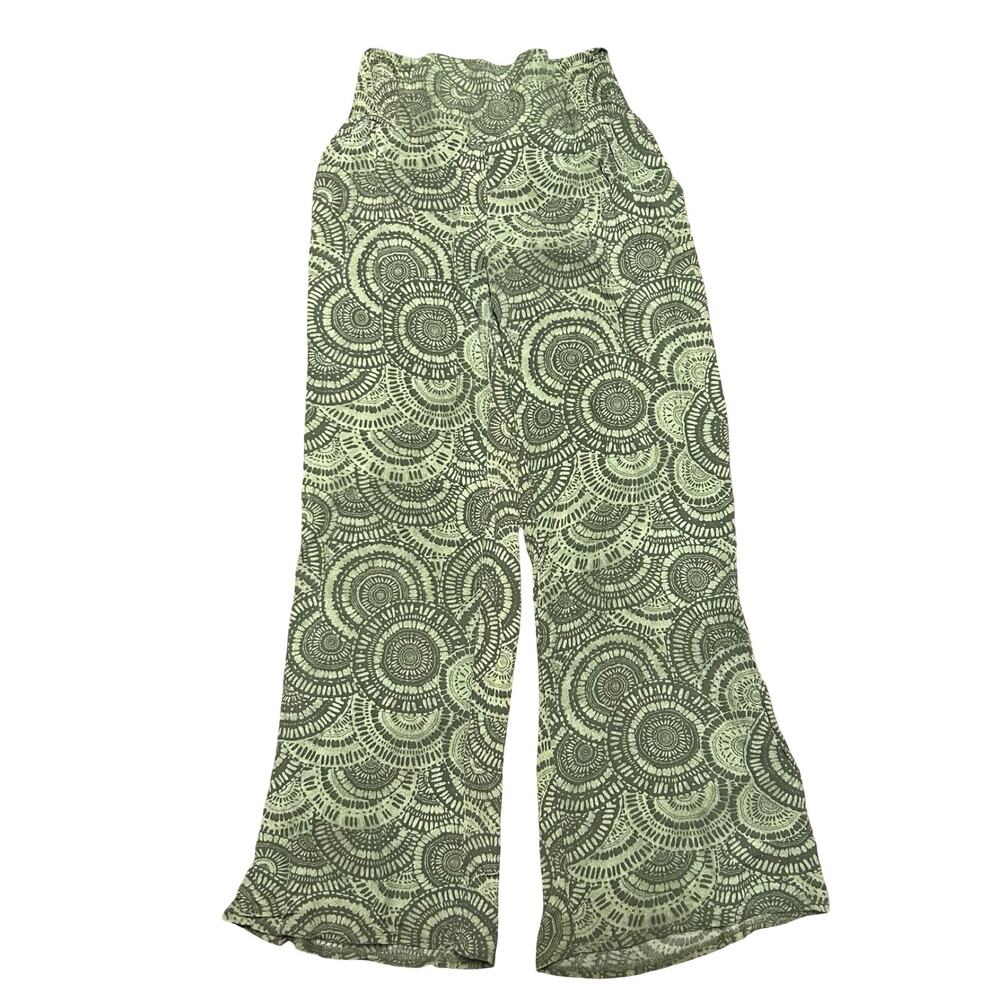 Wide Leg Green Boho Pants Womens Large Elastic Waist High Rise Hippie Granola